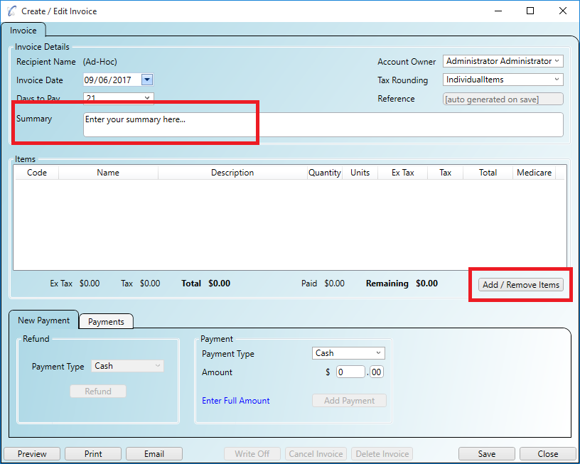 Creating a new invoice