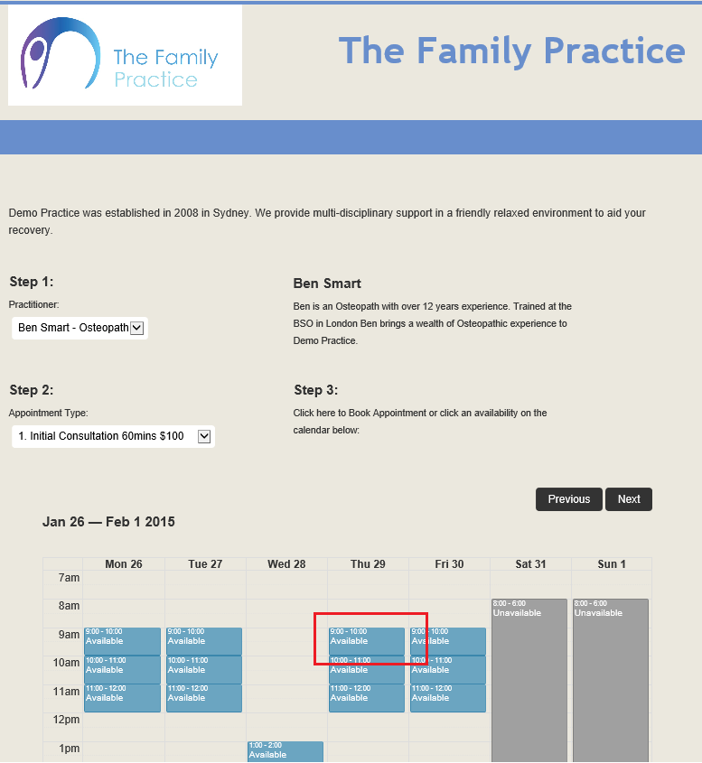 The patients view of the calendar shows available appointments which they can book