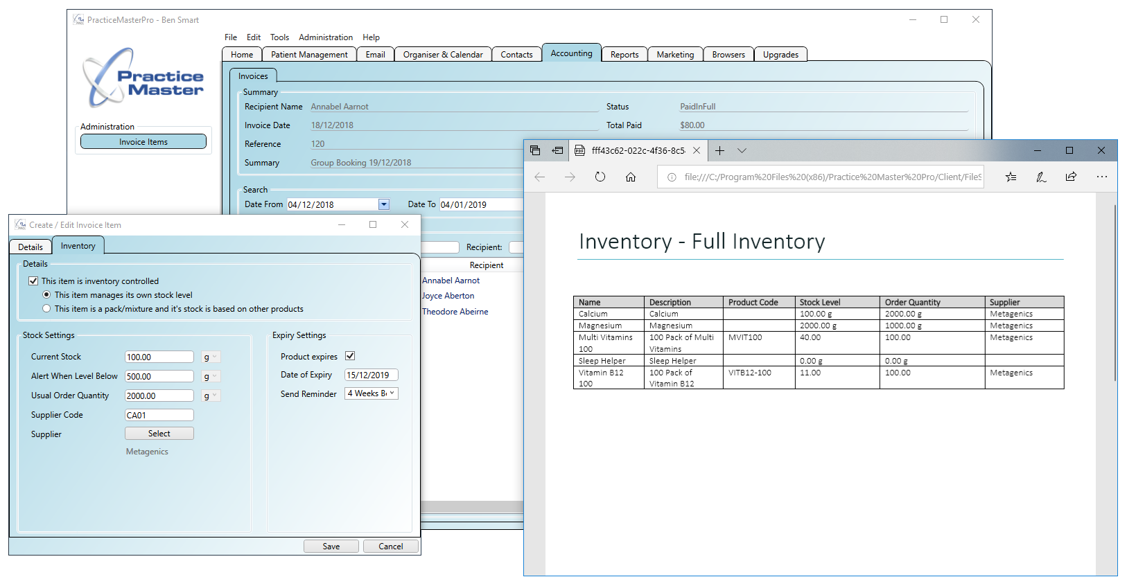 Built-in practice inventory with stock level alerts and expiration alerts