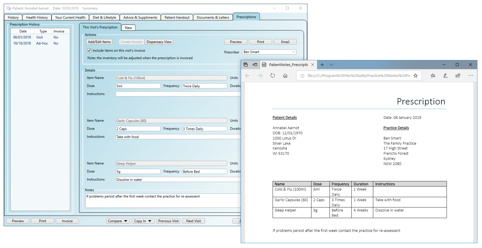 The prescriptions tab open in the software