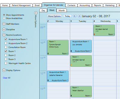 The software supports multiple physical practice locations as well as rooms