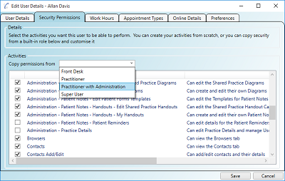 The security screen showing how easy managing different users at the practice can be