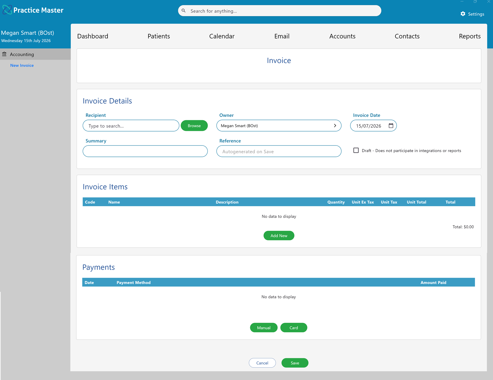 Customisable invoice with business branding in Practice Master Pro
