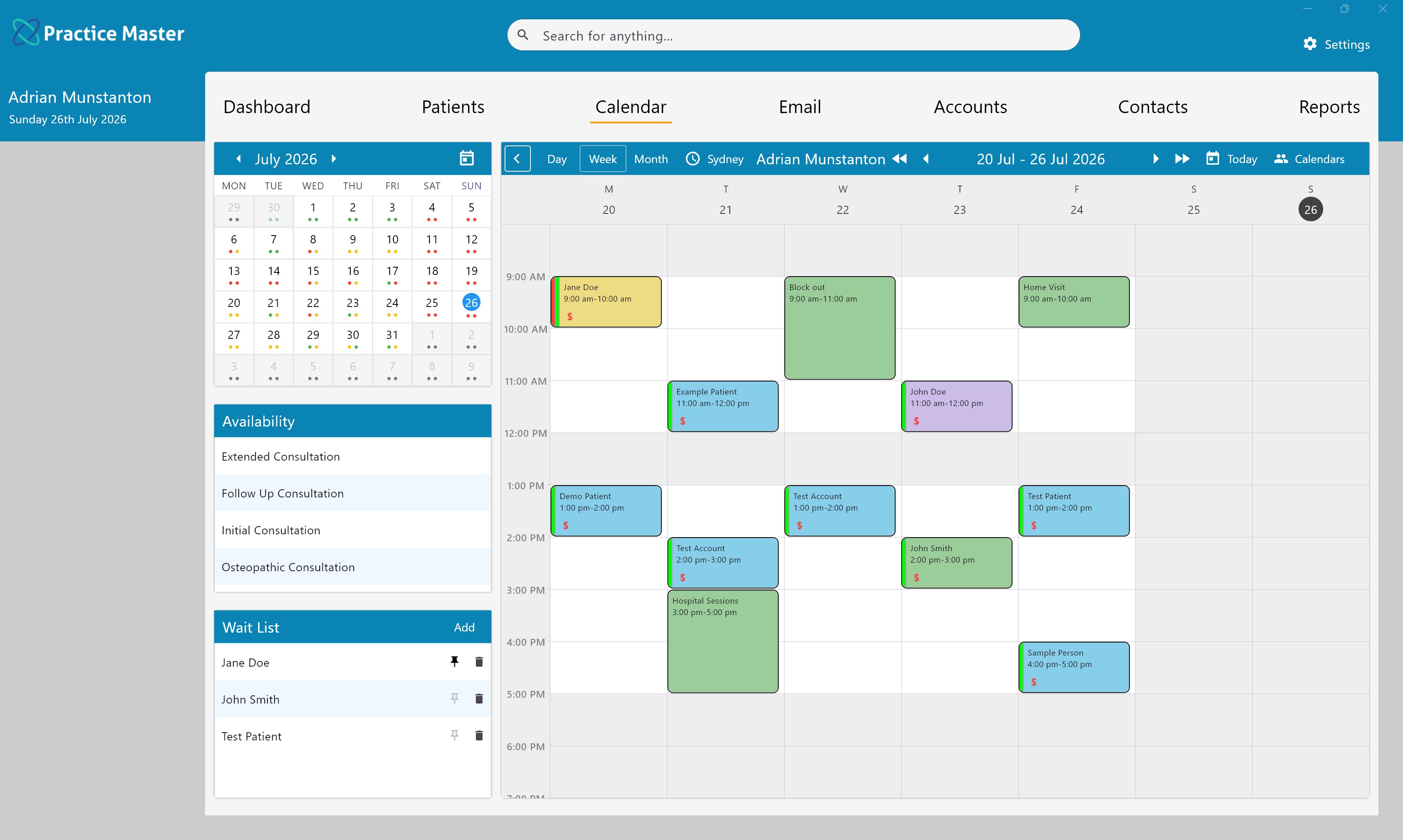 Appointment calendar in Practice Master Pro