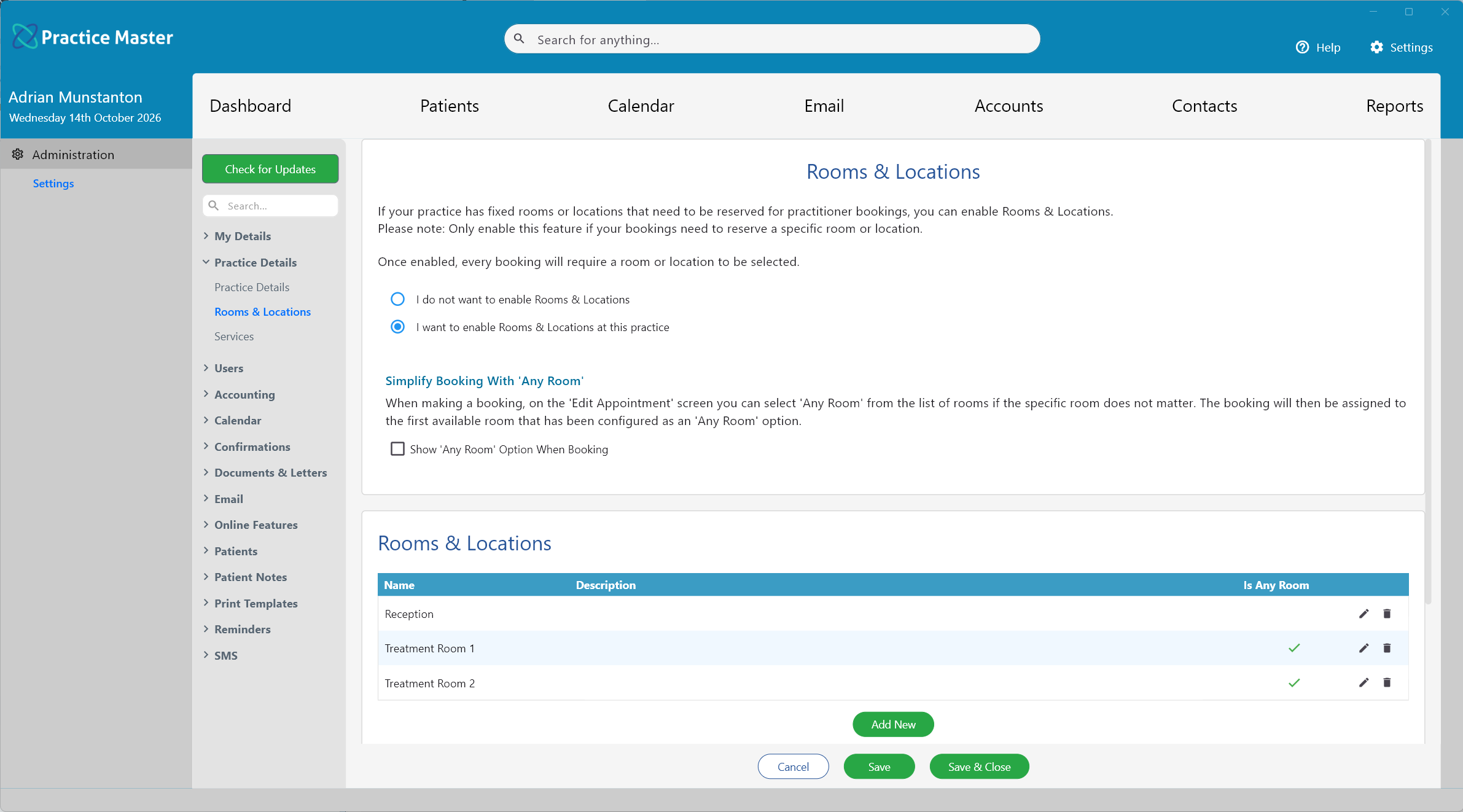Practice Master Pro rooms and locations calendar software