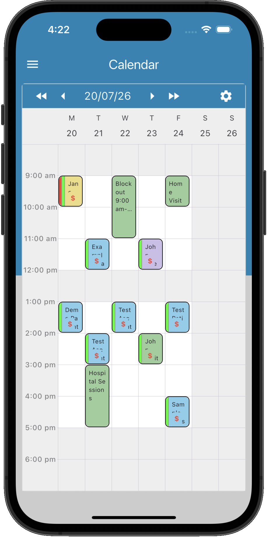 Appointment calendar in Practice Master Pro