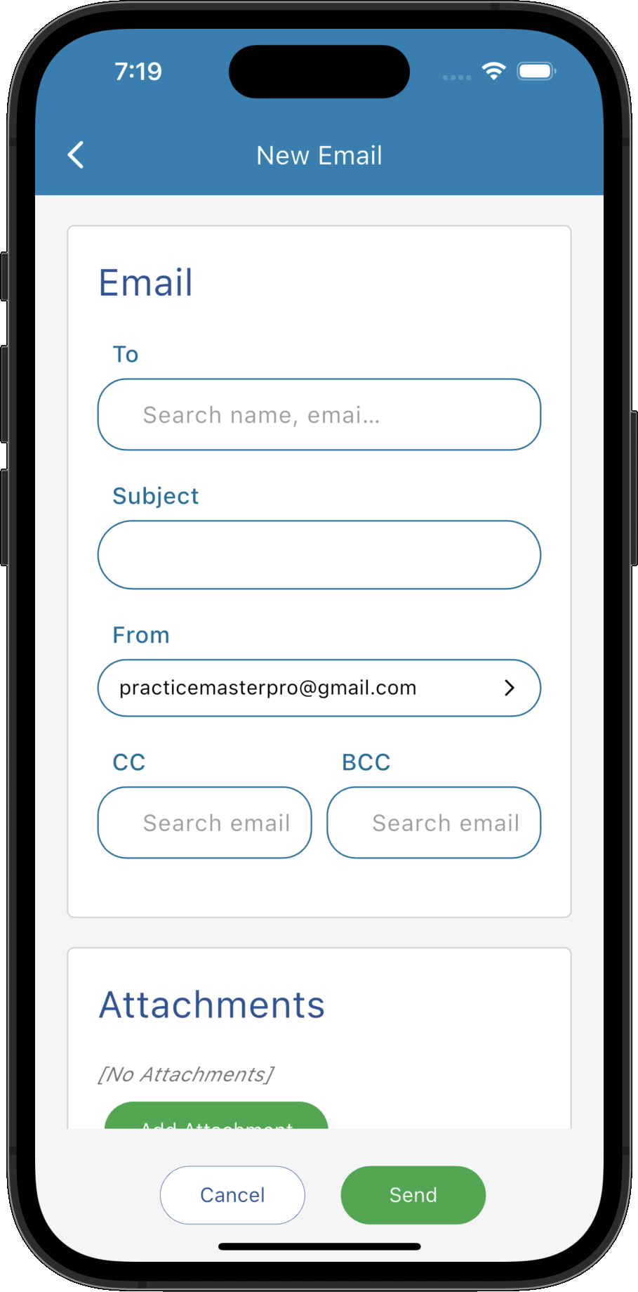 Composing an email in Practice Master Pro